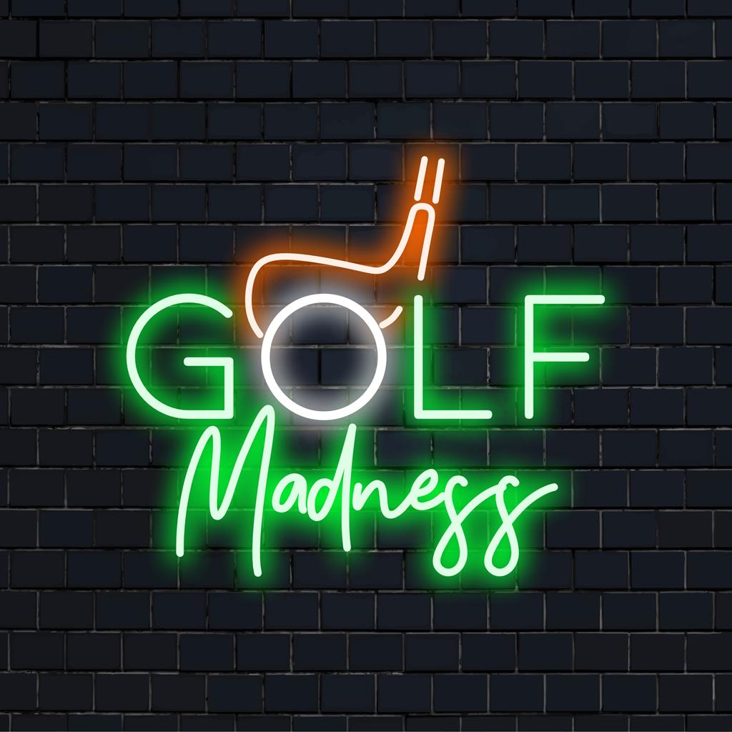 Placa de LED neon vibrante Golf Madness, perfeita para entusiastas de esportes que buscam dar destaque à sua sala de jogos com decoração personalizada de luz neon.