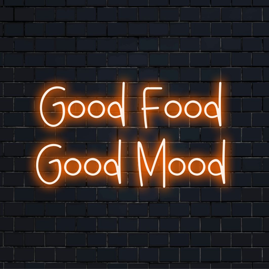 "Placa de neon para boa comida e bom humor" - Irradiando vibrações positivas para amantes da gastronomia e espaços culinários, enfatizando a conexão entre boa comida e bom humor.