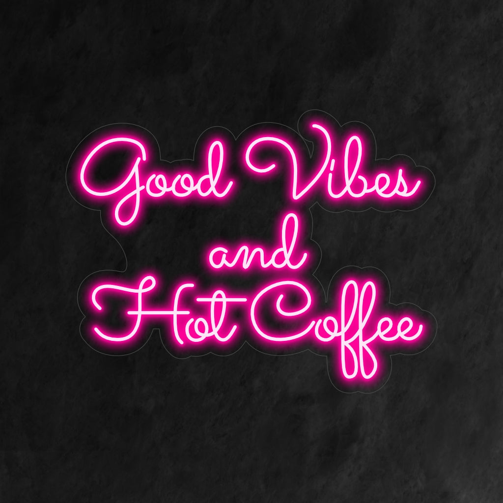 O letreiro de neon "Good Vibes and Hot Coffee" é uma adição aconchegante e acolhedora ao interior do seu café. Uma luz neon que combina boas vibrações com o conforto de um café quente.