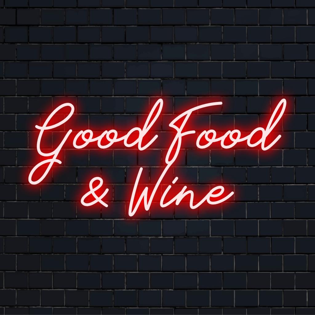 Placa de neon personalizada com a frase "Good Food & Wine". Perfeita para cozinha ou bar, iluminando seu ambiente com luz LED suave.