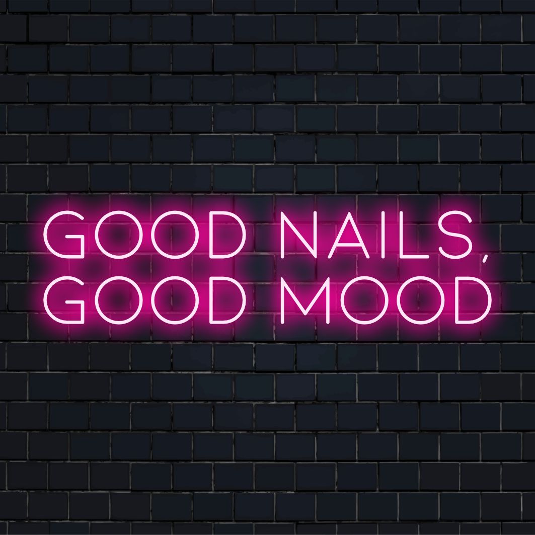 Placa de LED neon rosa vibrante "Good Nails, Good Mood", perfeita para amantes da beleza que buscam uma decoração animada.
