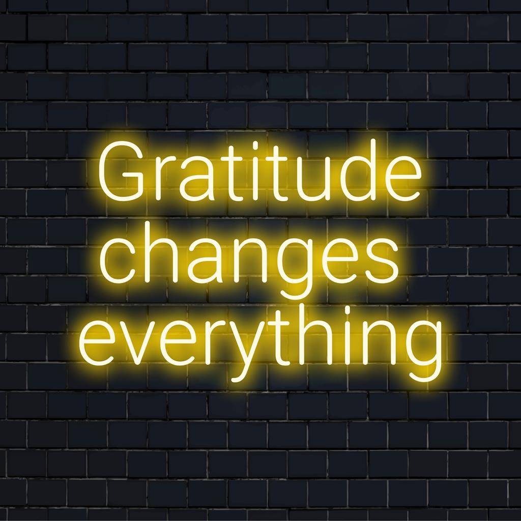 Placa de LED neon personalizada com os dizeres "Gratitude Changes Everything", perfeita para adicionar decoração inspiradora a qualquer espaço.