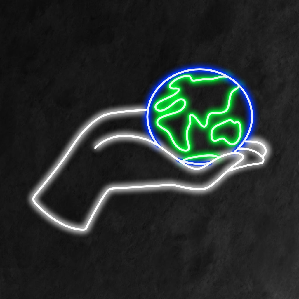 "Placa de neon com a palavra "Mão Segurando o Planeta" é uma adição ecológica e impactante para o seu interior. Uma luz neon que simboliza o cuidado com o planeta e a consciência ambiental.
