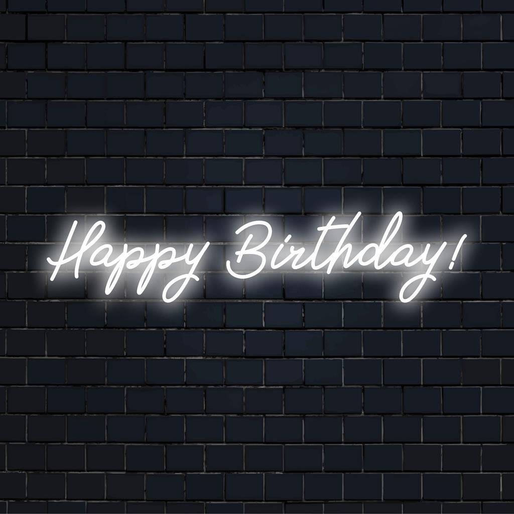 Placa de neon LED personalizada com um texto vibrante de Feliz Aniversário!, perfeita para decoração comemorativa e iluminação personalizada.
