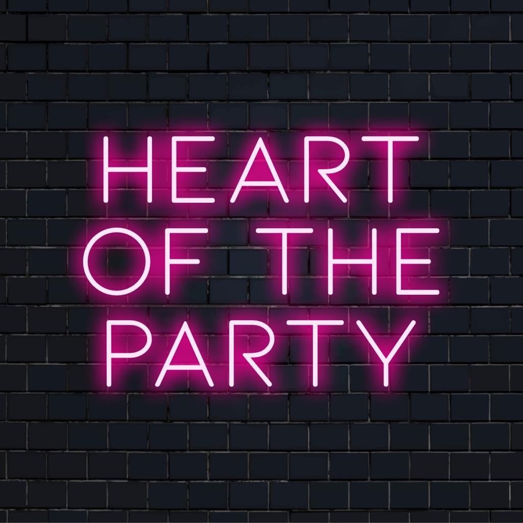 Placa de neon LED com texto Hearth Of The Party, brilhando em cores vibrantes; perfeita para arte de parede interna e decoração animada.