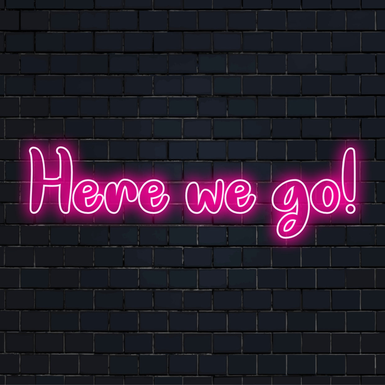 Letreiro de neon LED vibrante com texto "Here We Go", perfeito para decoração energética e inspiração para melhorar o clima.