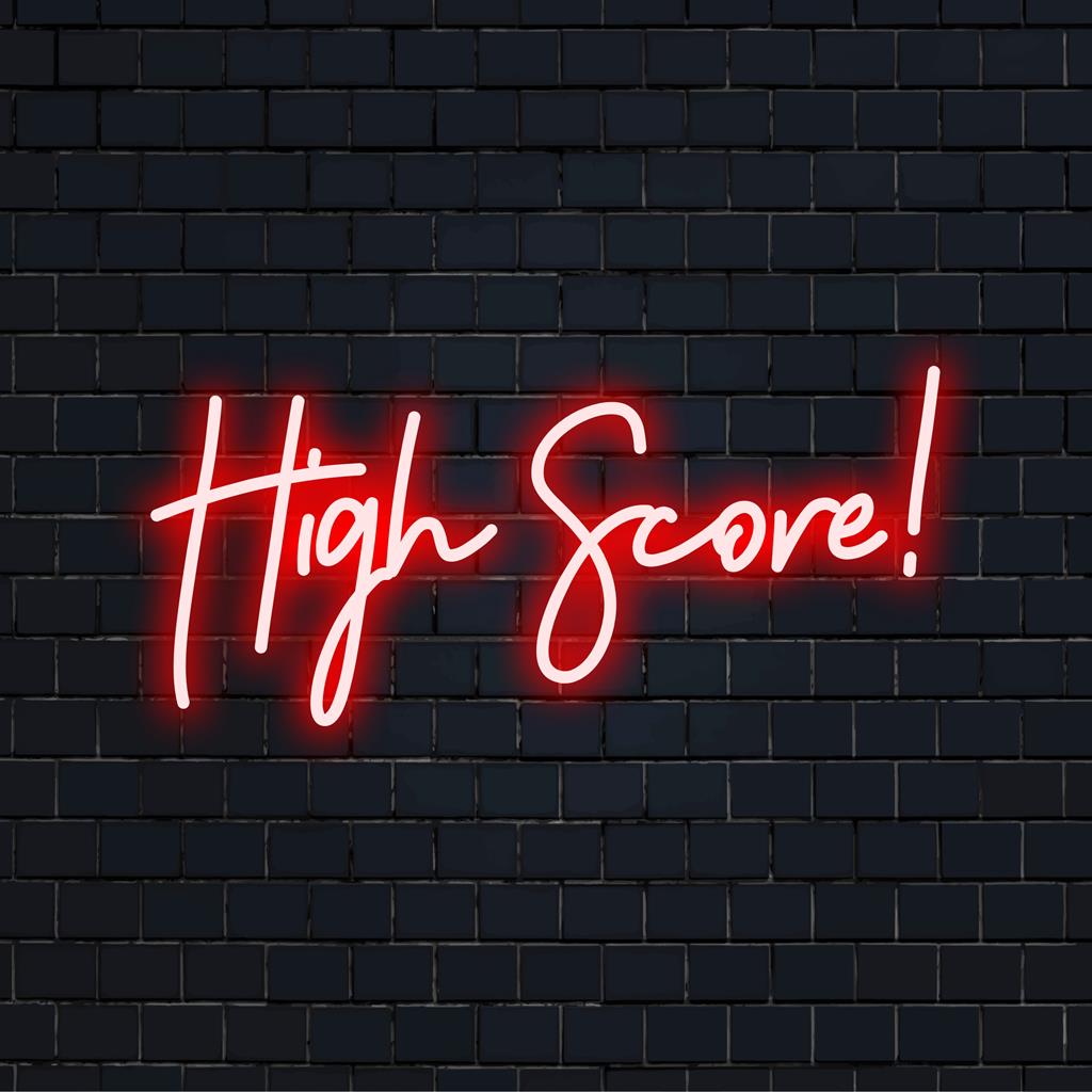 Placa de neon LED personalizada com texto colorido "High Score!", perfeita para decoração neon deslumbrante e ambiente personalizado.