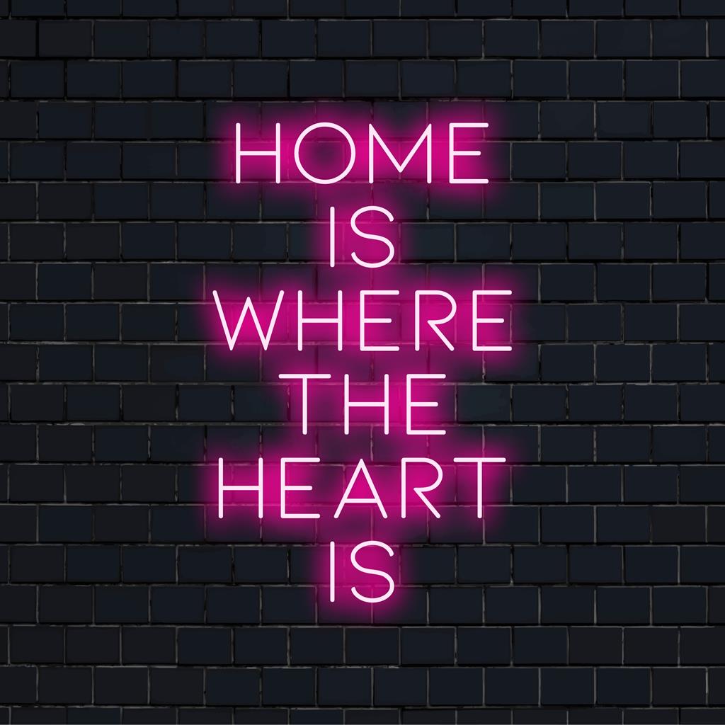 Placa de neon LED personalizada com a frase "Home Is Where The Heart Is", perfeita para iluminar seu ambiente com um charme aconchegante.