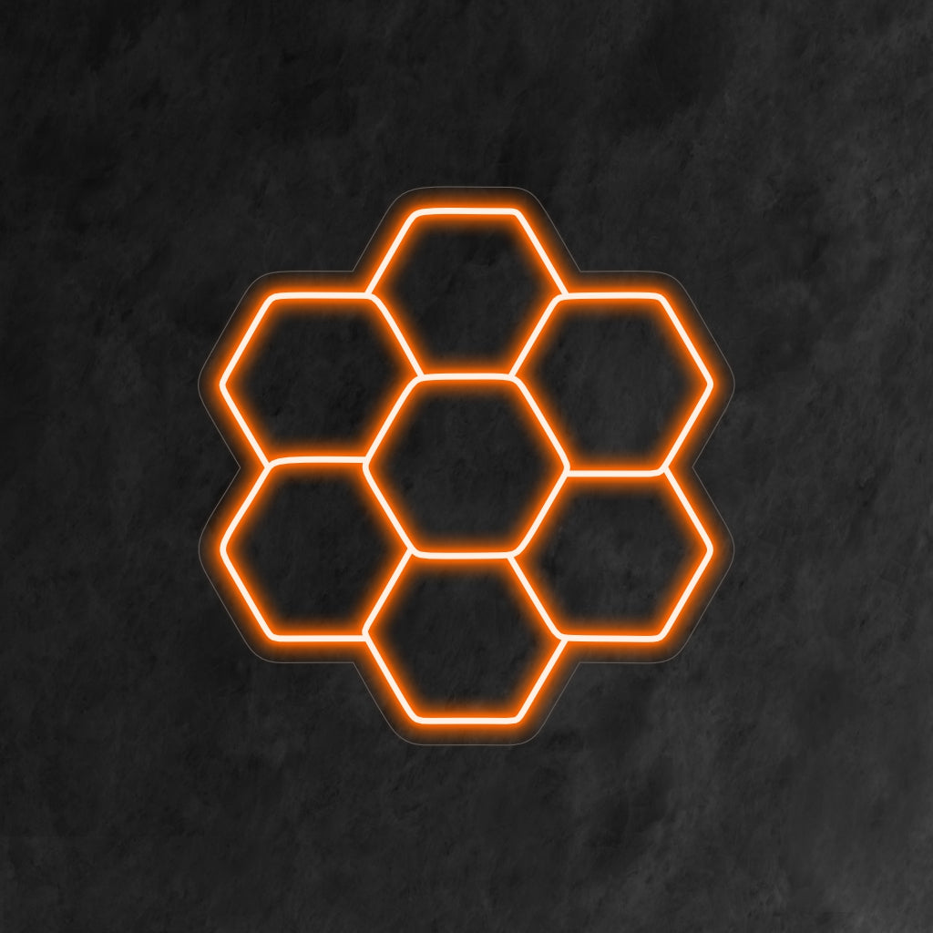 "Placa de neon em formato de favo de mel" - Um toque doce e elegante para cafés e lojas de sobremesas com tema de mel, com um padrão complexo de favos de mel para criar uma atmosfera elegante e acolhedora.