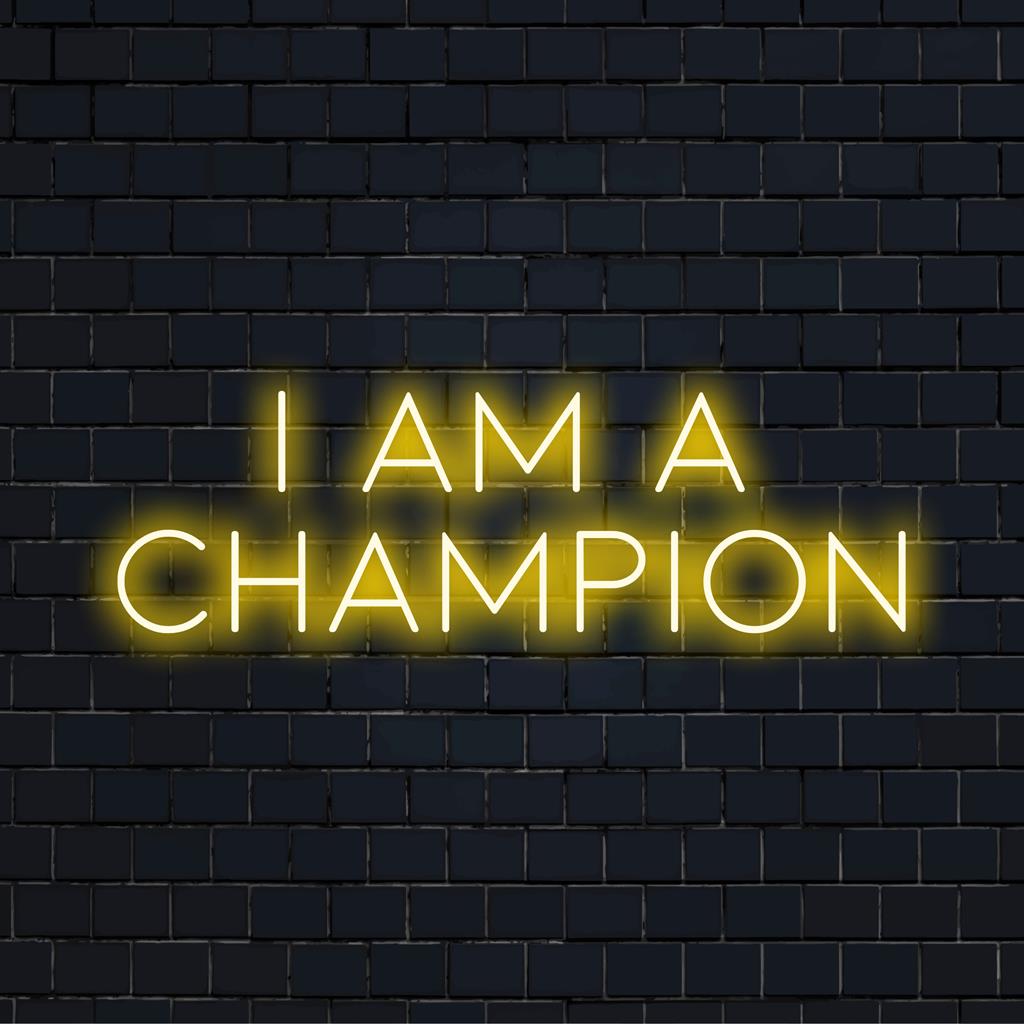 Placa de neon LED com a frase "I Am A Champion", perfeita para criar arte de parede neon motivacional ou decoração personalizada.