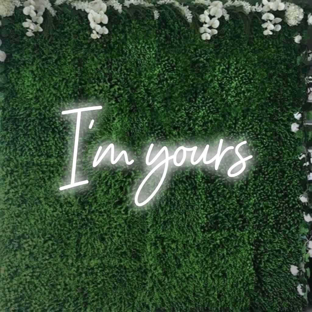 Placa de neon LED estilosa com a inscrição "I'm Yours" em uma escrita elegante, brilhando intensamente como uma arte de decoração neon personalizável.