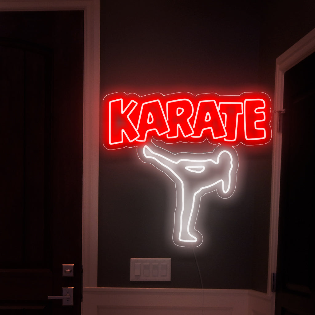 "Placa de neon para torneios de karatê" - Eleve a energia do seu ambiente com esta placa de neon, que personifica o espírito dinâmico dos torneios de karatê. Ilumine seu dojo com o brilho da competição.