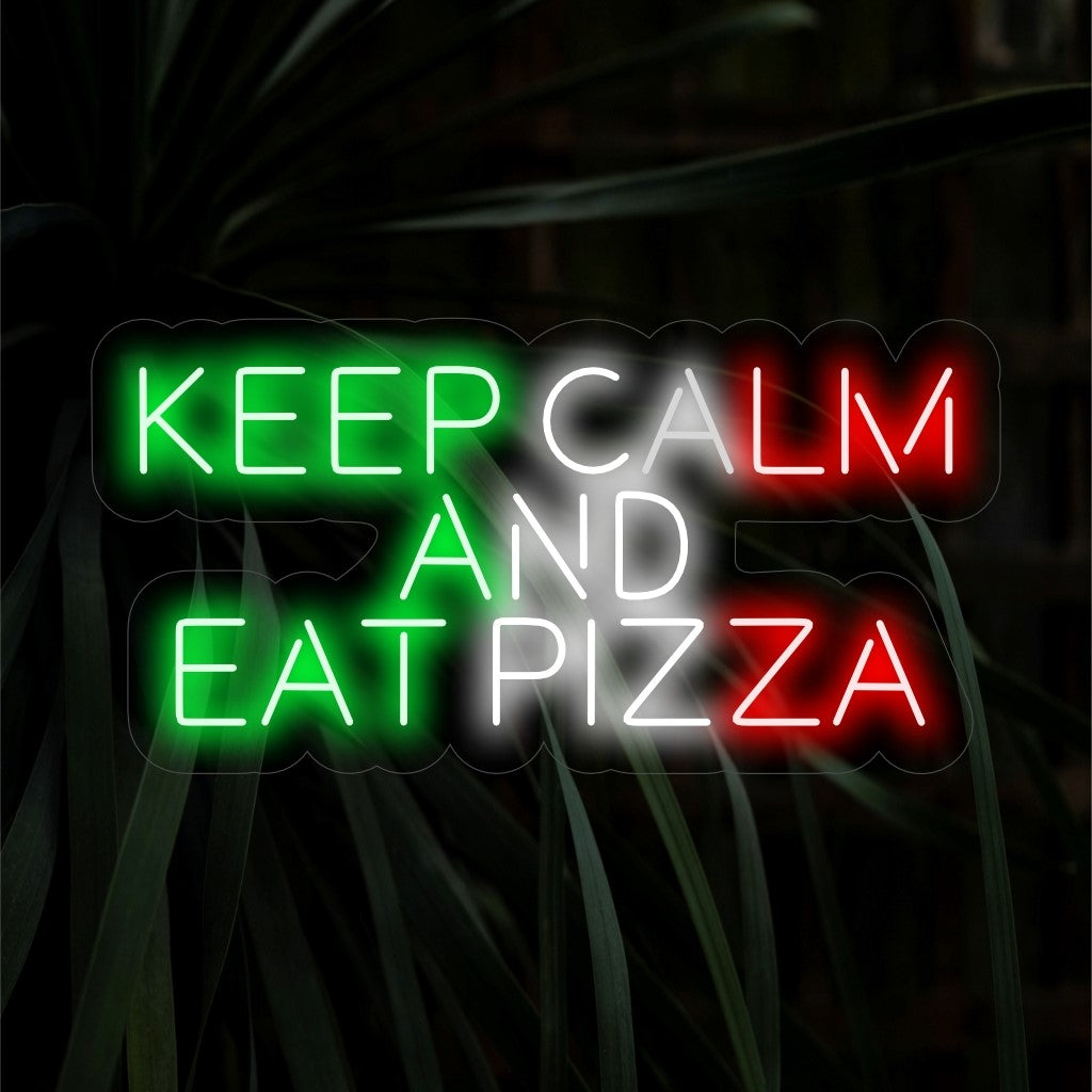 Letreiro de neon "Keep Calm And Eat Pizza" - Crie um ambiente descontraído em sua pizzaria ou cozinha com esta vibrante luz neon. Ideal para criar um ambiente casual e convidativo.