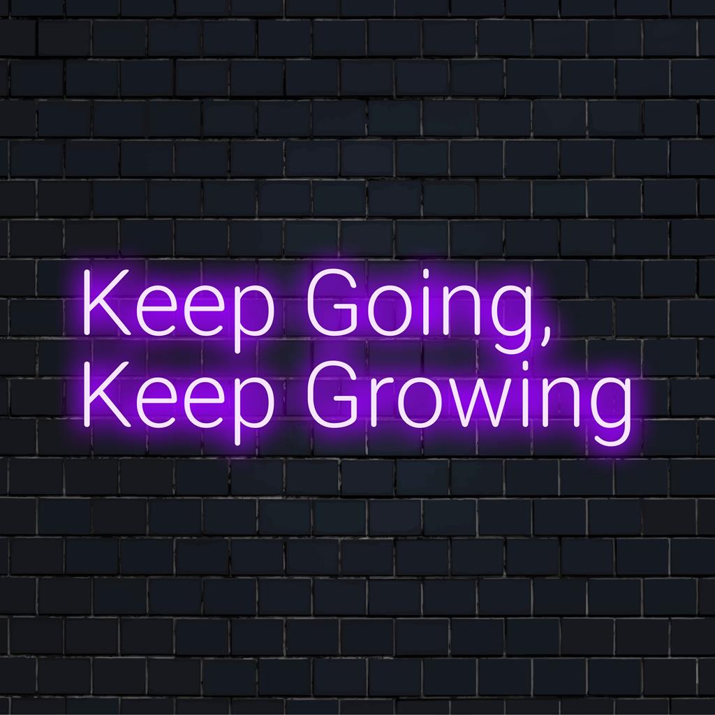 Placa de LED neon vibrante "Keep Going, Keep Growing", uma mistura de citações inspiradoras e decoração artística para um toque de parede personalizado.