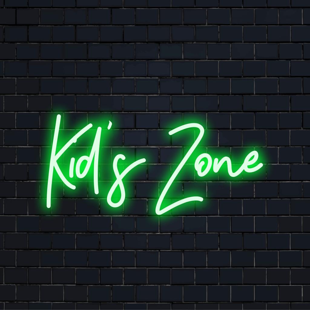 Placa de LED neon personalizada com os dizeres Kid's Zone em cores vibrantes, perfeita para iluminar as áreas de lazer das crianças.