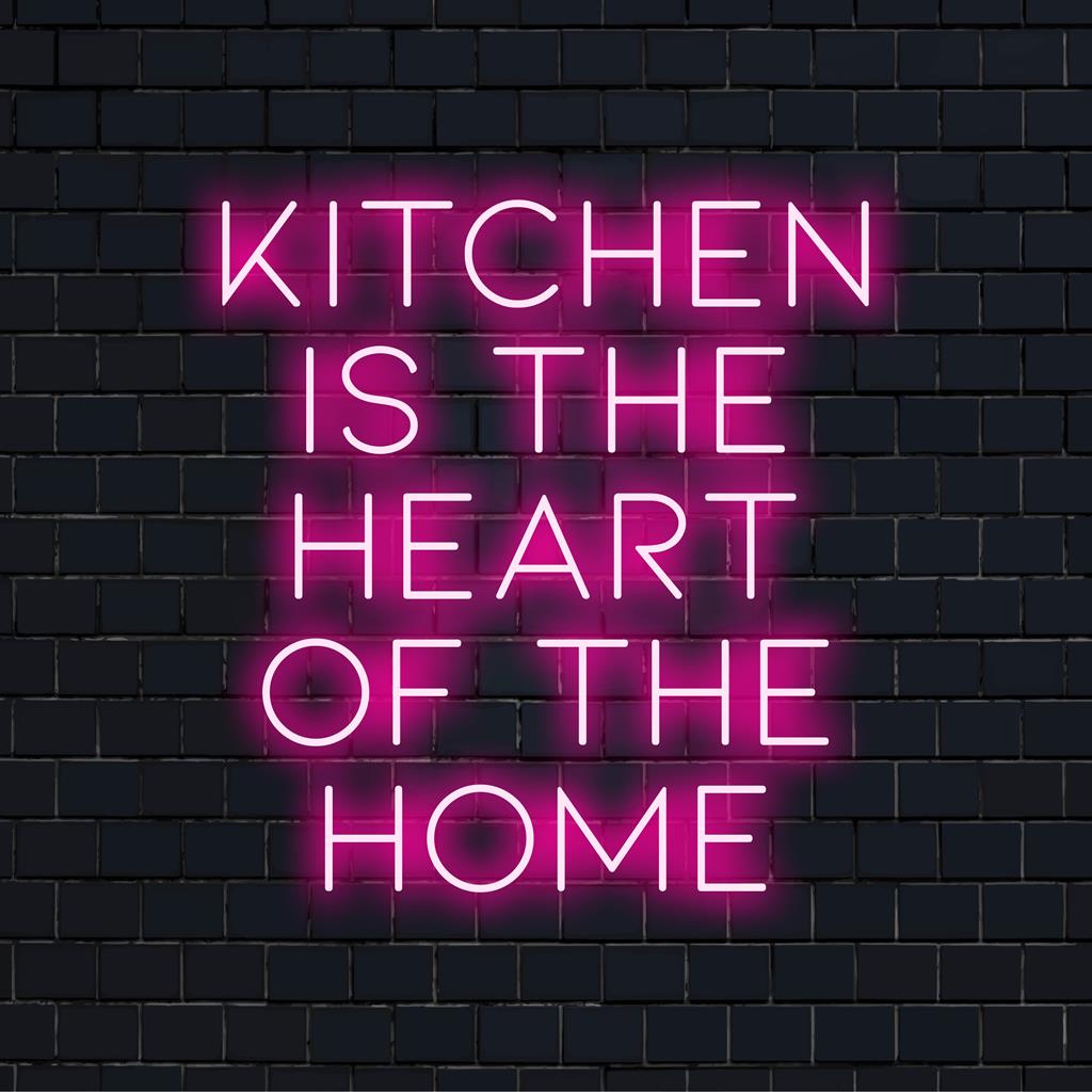 Placa de neon LED personalizada com os dizeres "A cozinha é o coração da casa" em texto brilhante e vibrante, perfeita para uma decoração aconchegante de cozinha.