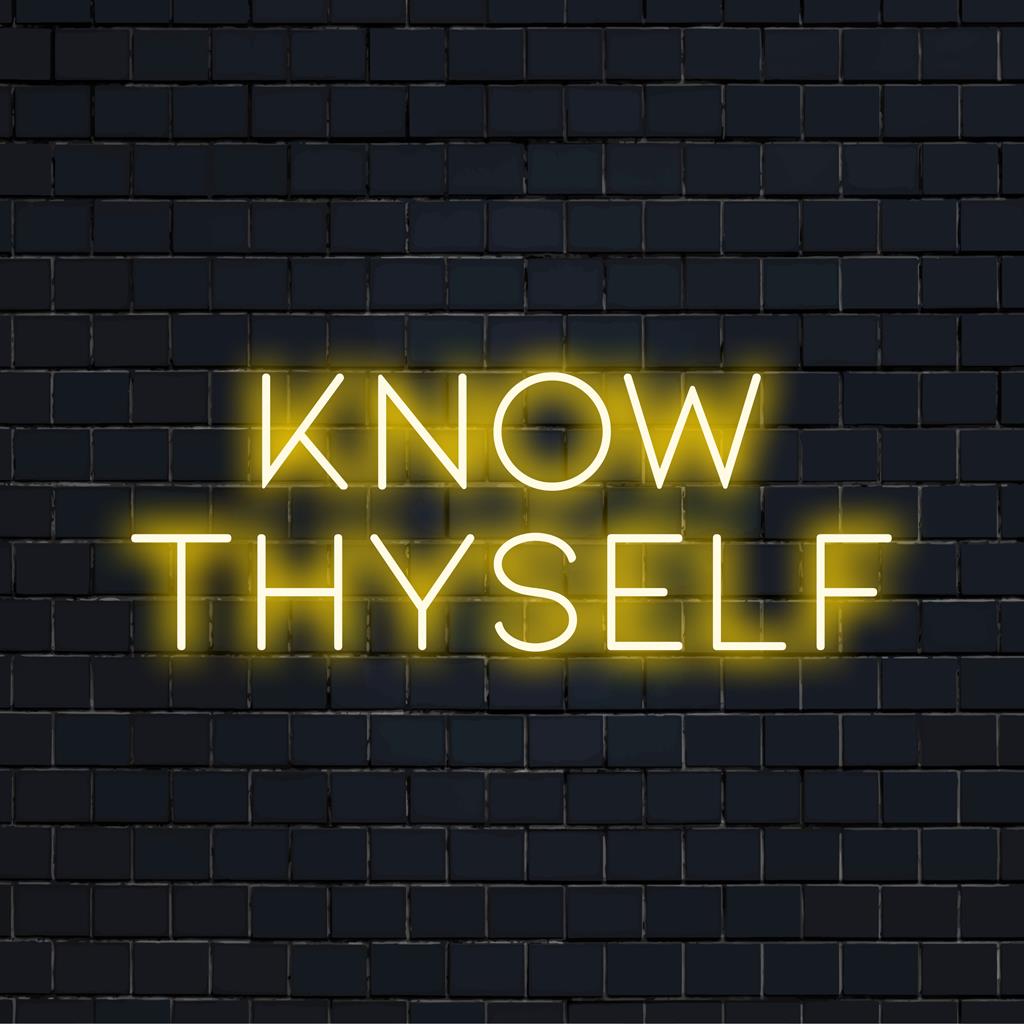 Placa de neon LED personalizada com os dizeres "Know Thyself" (Conheça a si mesmo), com iluminação vibrante para decoração de parede personalizada.