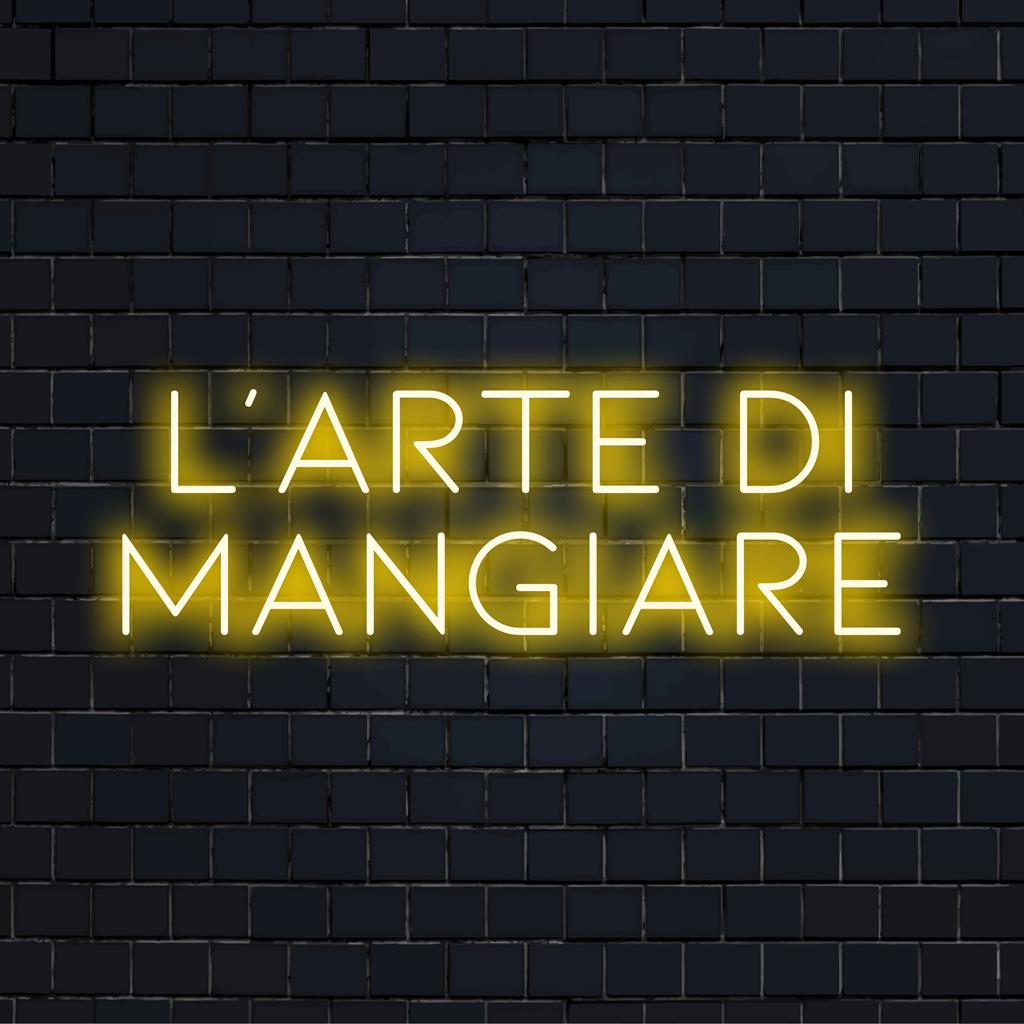 Placa de neon LED personalizada com L'arte Di Mangiare, perfeita para decoração moderna e iluminação de espaços culinários.