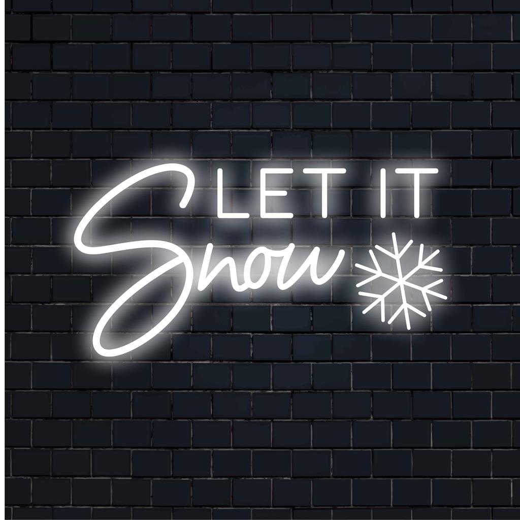 Design de letreiro de LED neon Let It Snow com letras brancas brilhantes feitas à mão, decoração de luz neon perfeita para um ambiente de inverno.