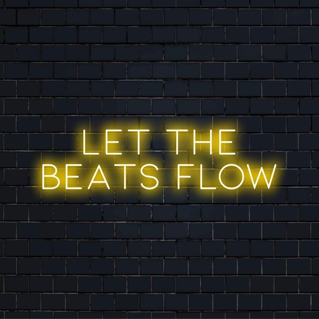 Placa de neon LED vibrante com texto rítmico Let The Beats Flow, perfeita para ambientes animados ou arte de parede com tema musical.