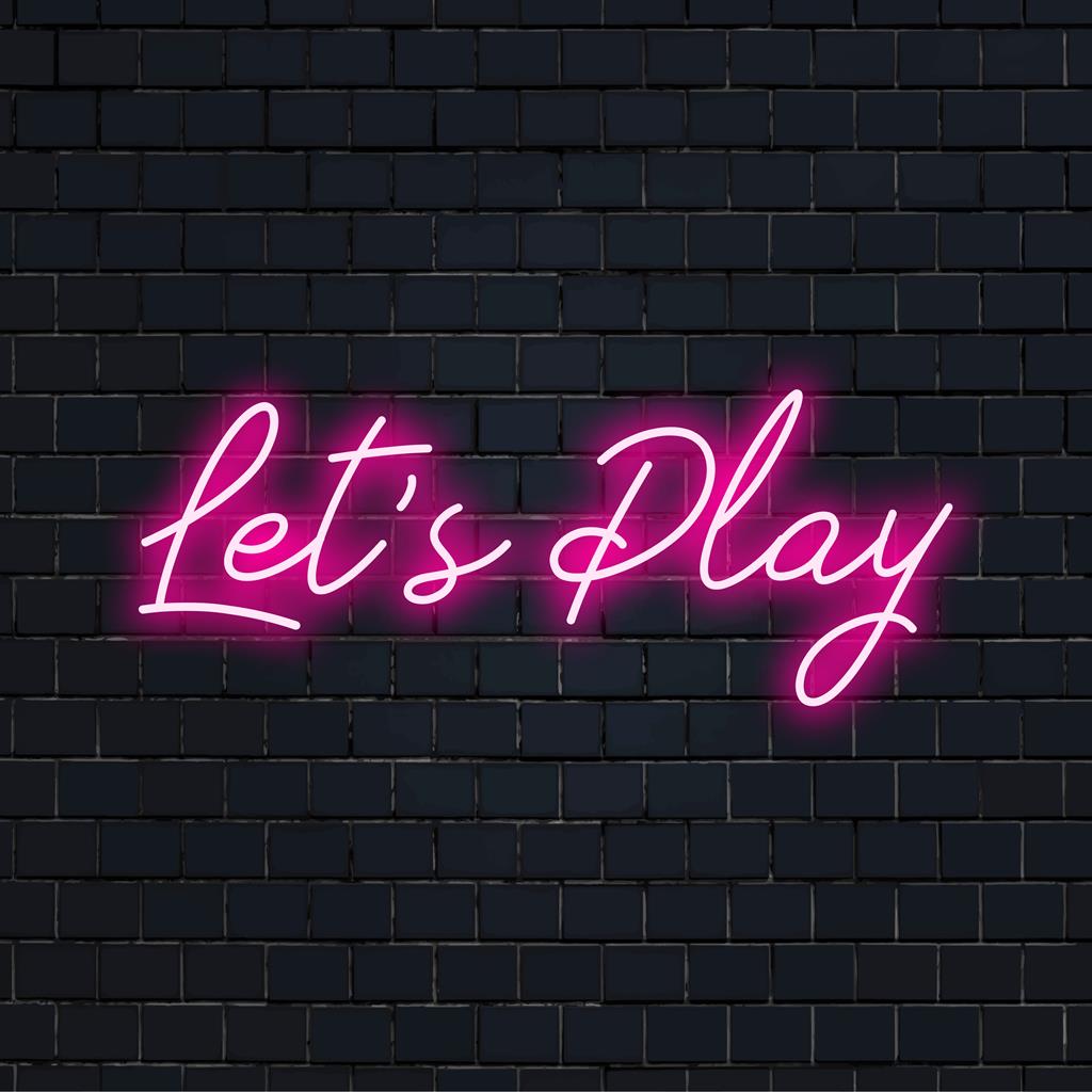 Letreiro de neon LED colorido com a frase "Let's Play"; perfeito para uma decoração vibrante e um ambiente animado. Arte neon personalizada.