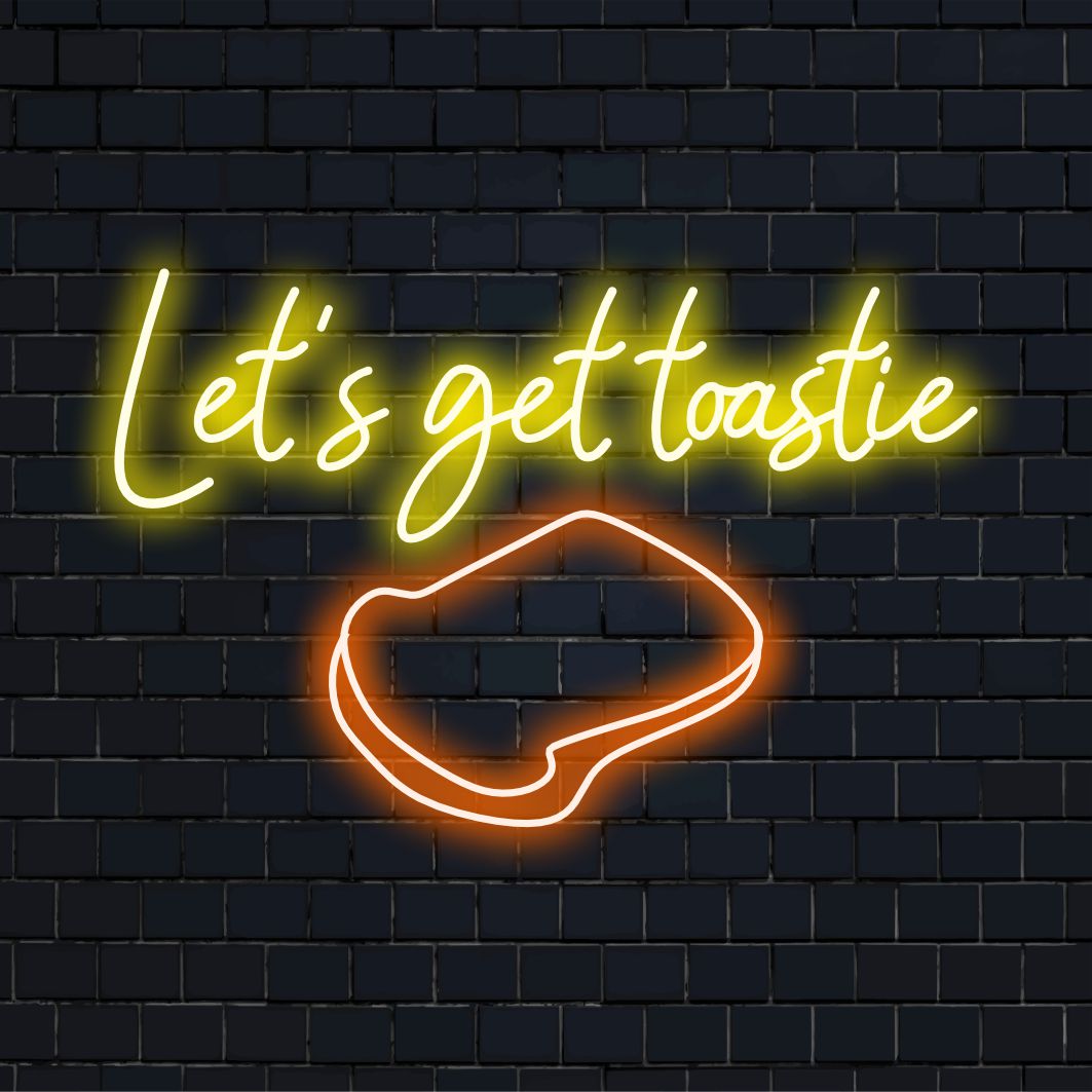 Placa de neon Let's Get Toastie, com letras de neon LED feitas à mão para uma decoração aconchegante e convidativa.