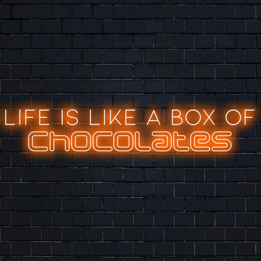 Placa de LED personalizada com os dizeres "A vida é como uma caixa de chocolates", perfeita para arte de parede neon e decoração personalizada.