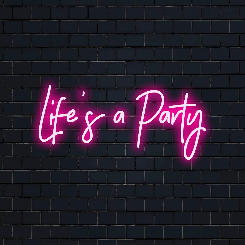 Placa de LED neon personalizada com a frase "Life's A Party" iluminada em cores vibrantes, perfeita para decoração exclusiva de casa ou evento.