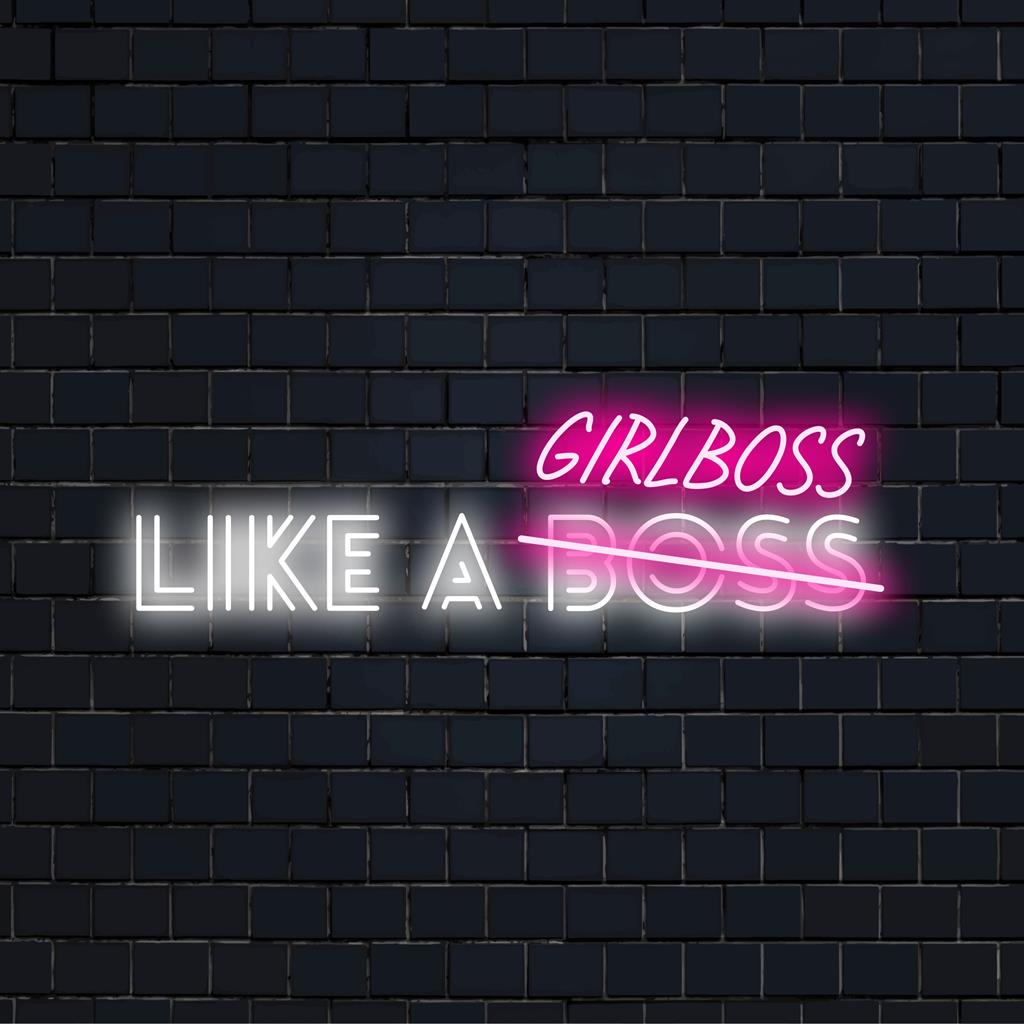 Placa de neon LED personalizada exibindo Like A Girlboss em cores vibrantes, perfeita para decoração moderna e exibições motivacionais.