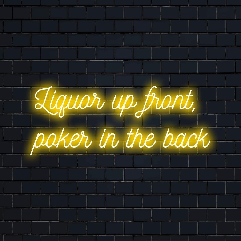 Placa de neon LED personalizada com "Liquor Up Front" e "Poker Atrás", perfeita como decoração de arte neon exclusiva para bares ou salas de jogos.