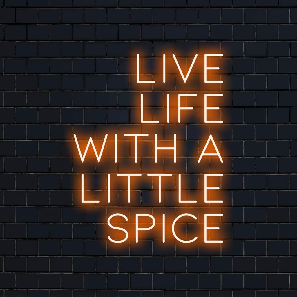 Placa de neon LED personalizada com os dizeres "Viva a Vida com um Pouco de Tempero" em cores vibrantes para decoração ou divulgação da marca exclusivas.