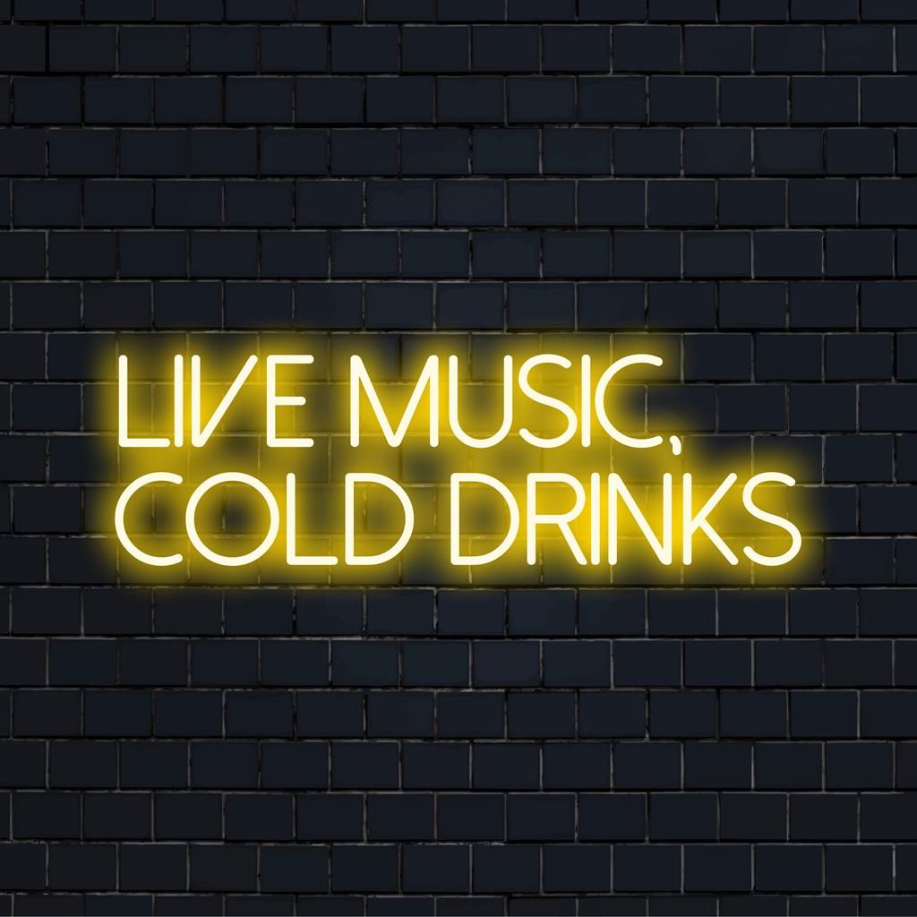 Letreiro de LED neon brilhante com o texto "Música ao Vivo, Bebidas Geladas", ideal para locais vibrantes e bares em casa. Decoração com luz neon.