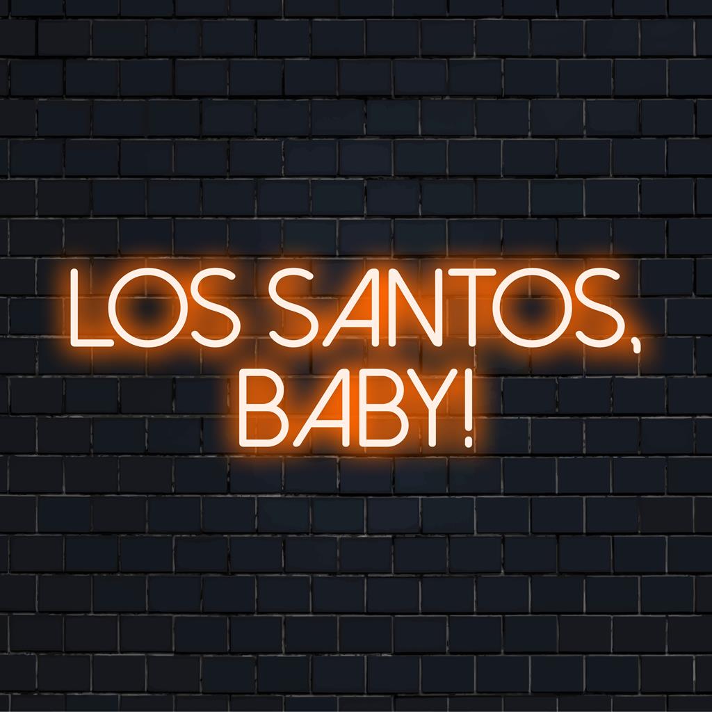 Placa de neon LED vibrante com a frase Los Santos, Baby!; perfeita para entusiastas de decoração neon que buscam um toque de iluminação único.