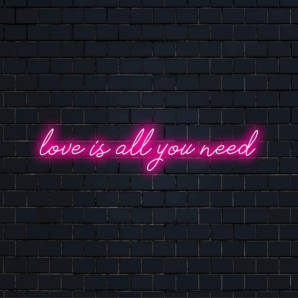 Placa de neon personalizada "Love Is All You Need" com luzes LED vibrantes, perfeita para decoração de arte com citações neon personalizadas.