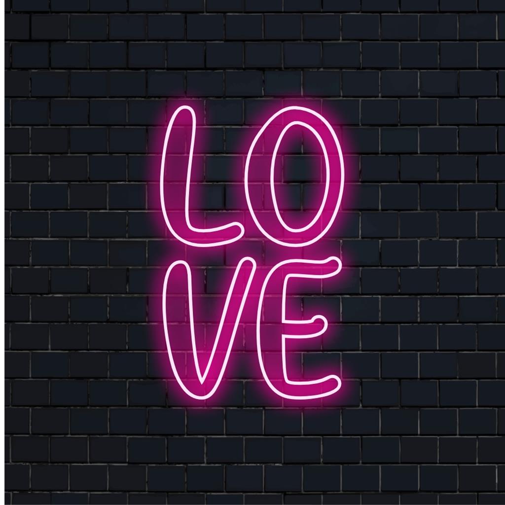 Design de letreiro de neon LED com a frase "Love" em uma escrita elegante; decoração de luz neon perfeita e letreiro de neon personalizado para seu espaço.
