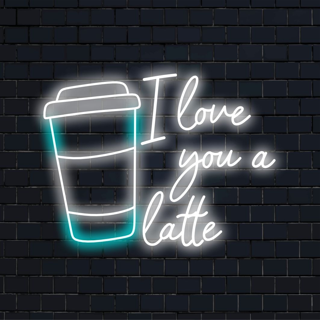 Placa de LED neon personalizada com as palavras Love You A Latte brilhando em cores vibrantes, perfeita para criar um ambiente de decoração único.