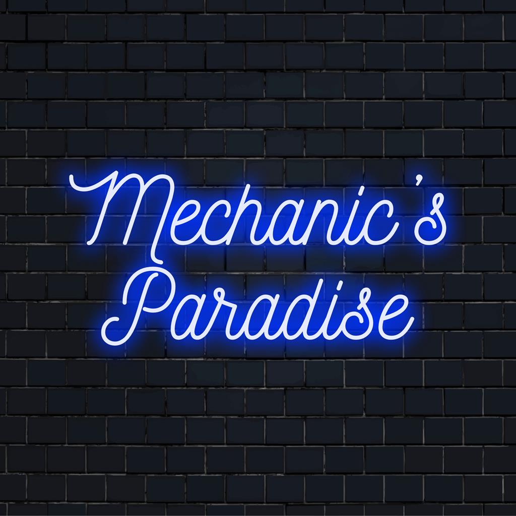 Placa de neon personalizada com os dizeres Mechanic's Paradise em LEDs vibrantes, perfeita para decoração de neon personalizada em um ambiente de oficina.
