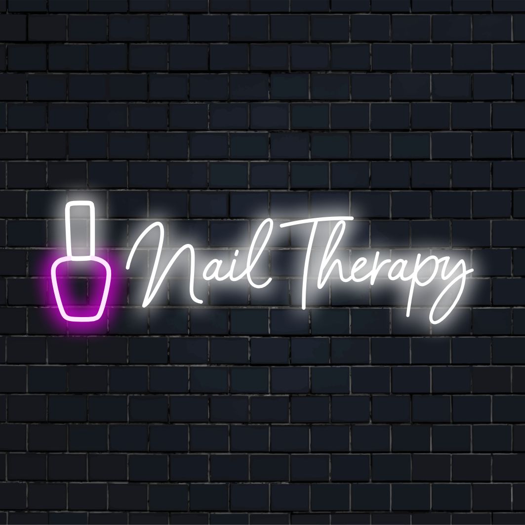 Placa de neon LED personalizada com a palavra "Unhas terapêuticas" em cores vibrantes, perfeita para decoração de salão e ambiente neon personalizado.