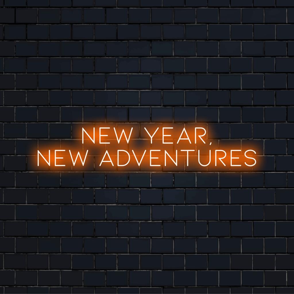 Letreiro de LED neon vibrante iluminando "Ano Novo, Novas Aventuras" - perfeito para decoração de parede personalizada e ambiente comemorativo.