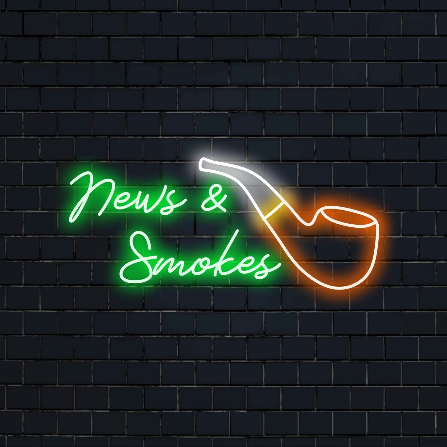 Letreiro de neon LED com o texto News & Smokes 2 em luz vibrante, oferecendo um design de neon exclusivo e personalizado para um toque pessoal.