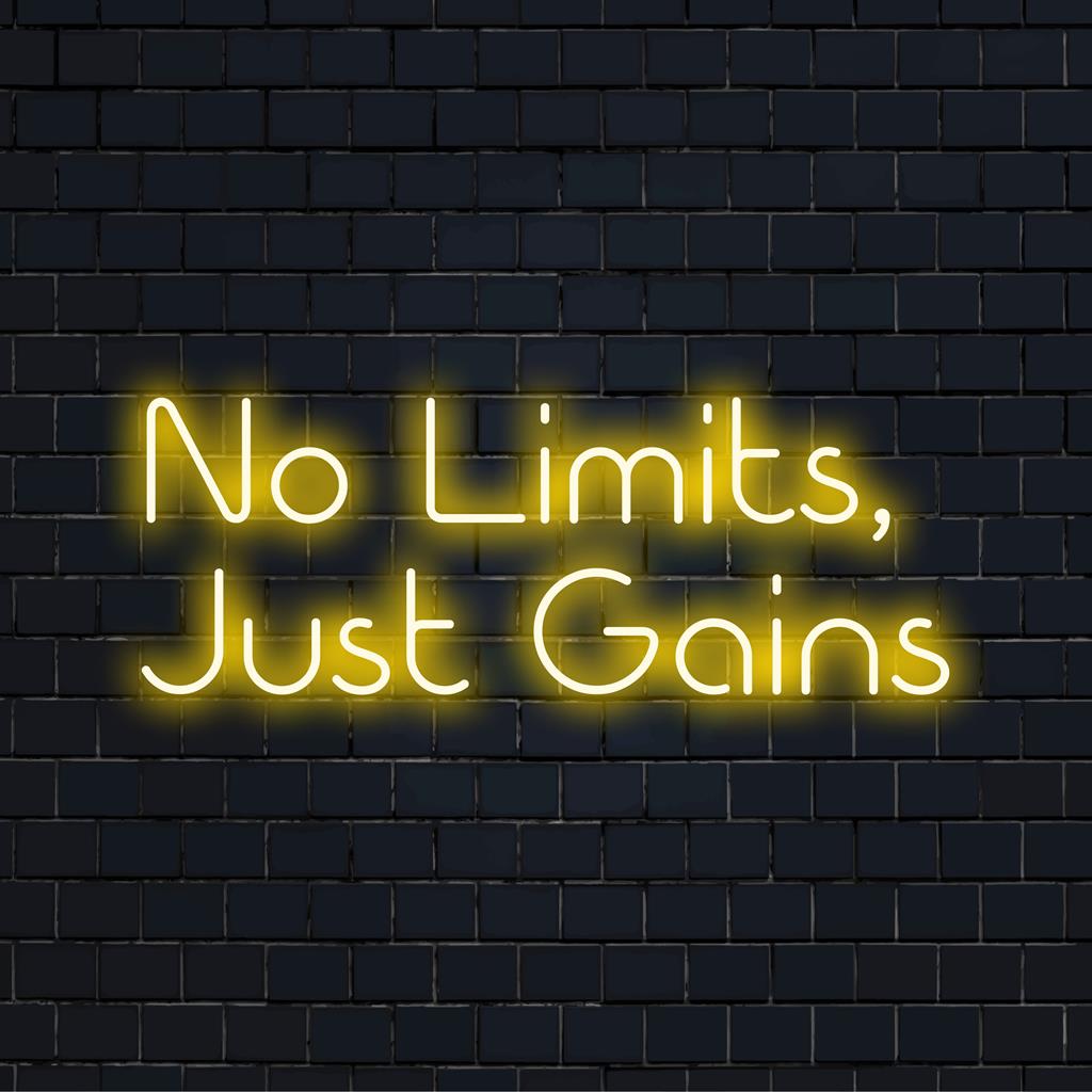 Placa de LED neon personalizada com No Limits, Just Gains; brilho vibrante, perfeita para decoração motivacional ou mensagens pessoais sobre academia.