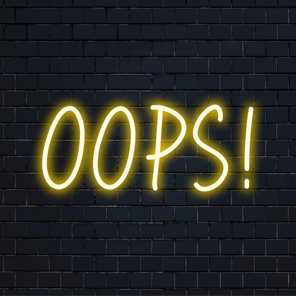 Letreiro de LED neon personalizado e vívido piscando Oops! em cores vibrantes, perfeito para uma decoração chamativa para casa ou empresa.
