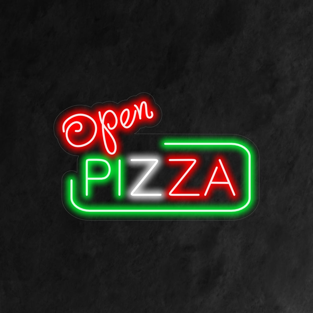 O "Placa Neon de Pizza Aberta" é um toque saboroso e irresistível, perfeito para pizzarias que abrem suas portas para os amantes de pizza. Ilumine com o aroma de pizzas fresquinhas!