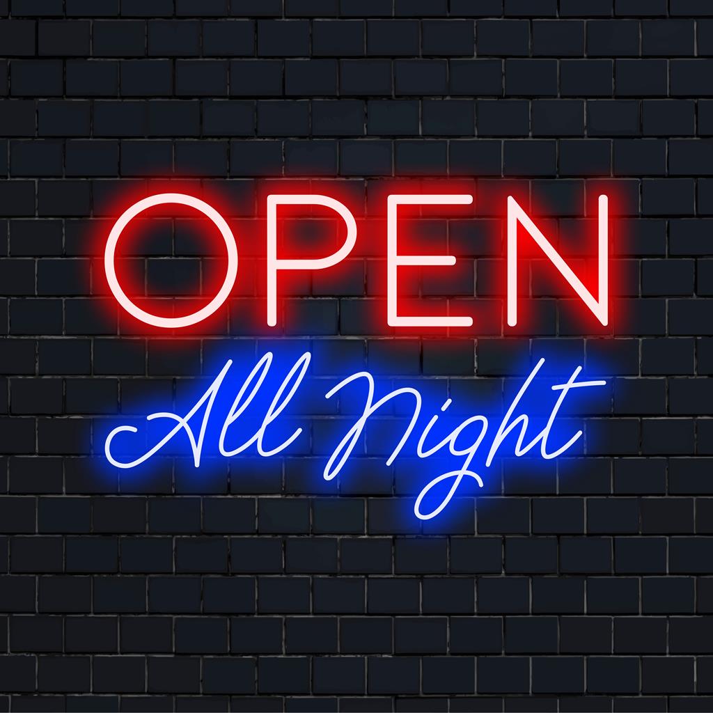 Placa vibrante "Aberto a noite toda" brilhando com luzes LED neon azuis, adicionando um toque retrô à decoração do seu bar ou restaurante.