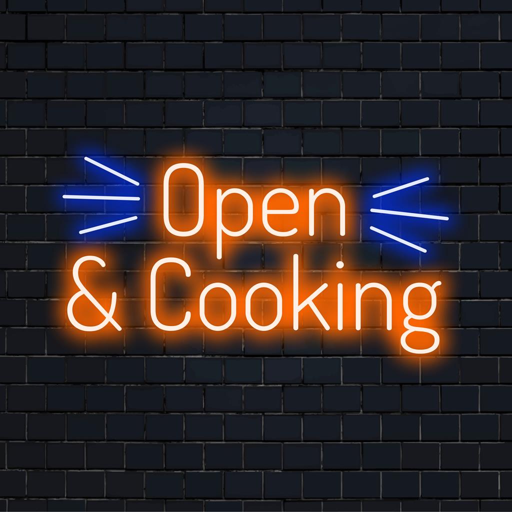 Placa de LED neon personalizada com as palavras "Open And Cooking", perfeita para criar ambientes de decoração dinâmicos e iluminação personalizada.