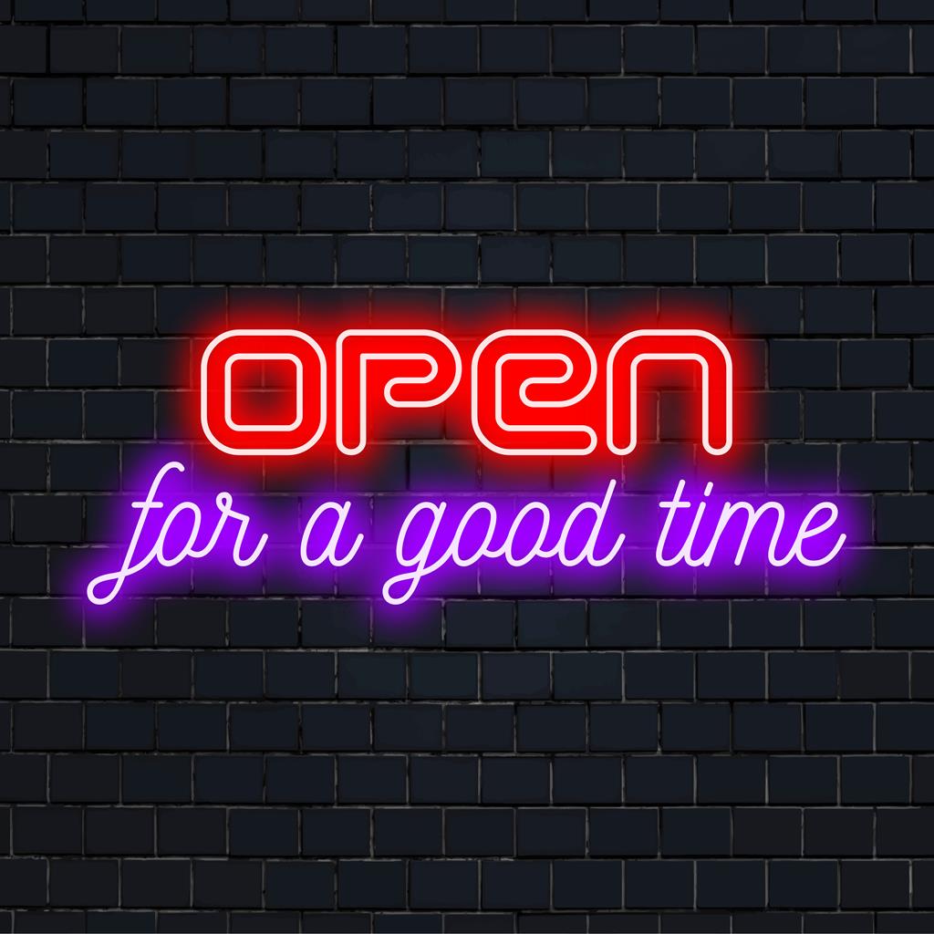 Placa de LED neon vibrante "Open For A Good Time"; perfeita para bares ou residências, acrescenta um brilho divertido e uma atmosfera convidativa.