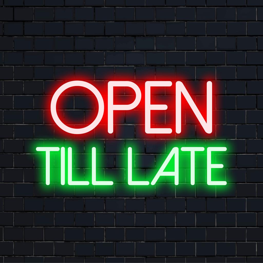 Letreiro de LED neon com design "Open Till Late"; perfeito para empresas. Decoração LED personalizada ideal para qualquer espaço noturno.