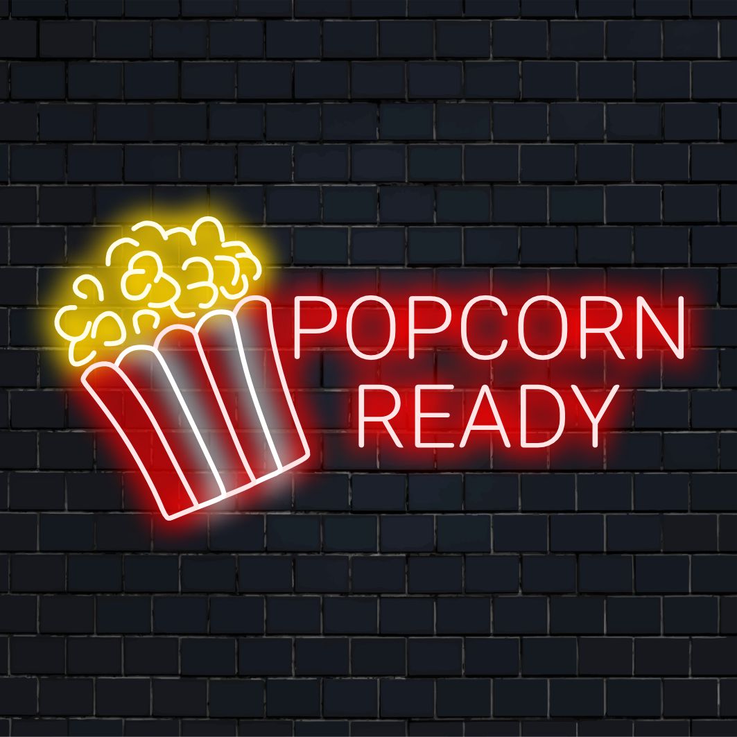 Placa de neon LED personalizada com a palavra "Popcorn Ready" em luz brilhante, perfeita para noites de cinema e para entusiastas de decoração de casa.
