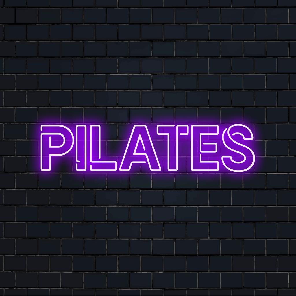 Letreiro de neon LED estiloso com tema de Pilates, perfeito para entusiastas de fitness; arte neon personalizada ideal para decoração vibrante.