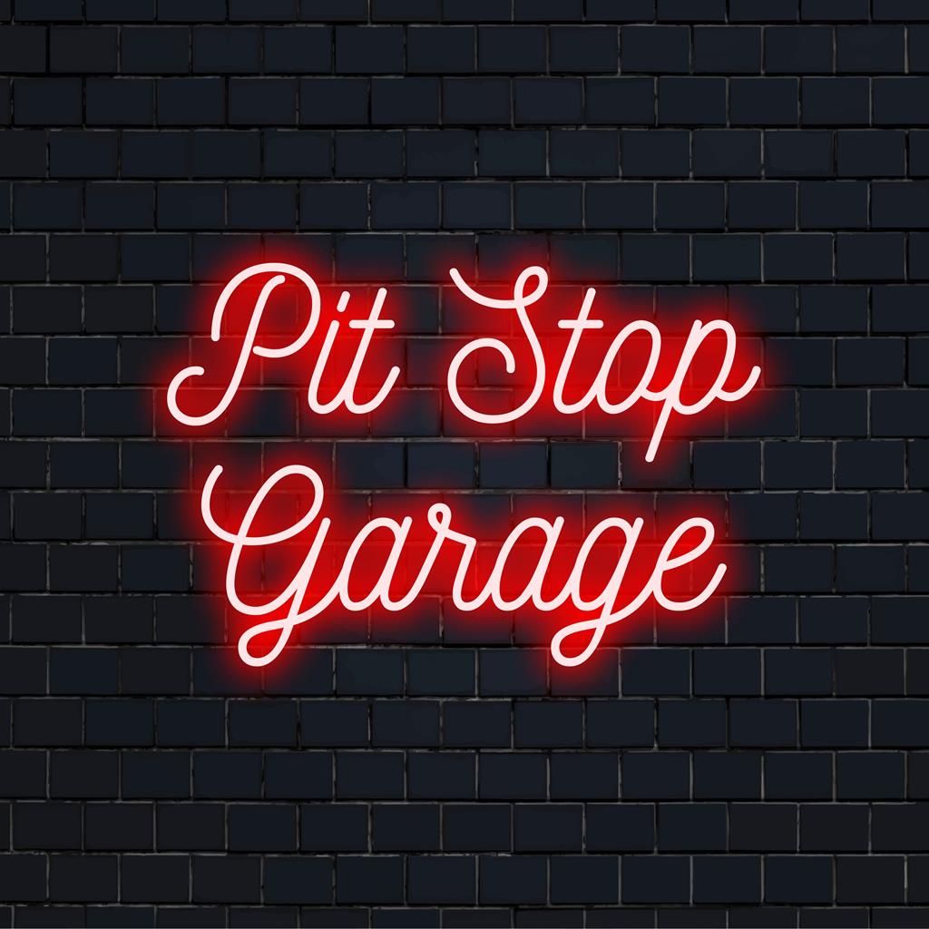 Placa de neon LED personalizada com a inscrição Pit Stop Garage, adequada para espaços vibrantes, adicionando um brilho único e energético.